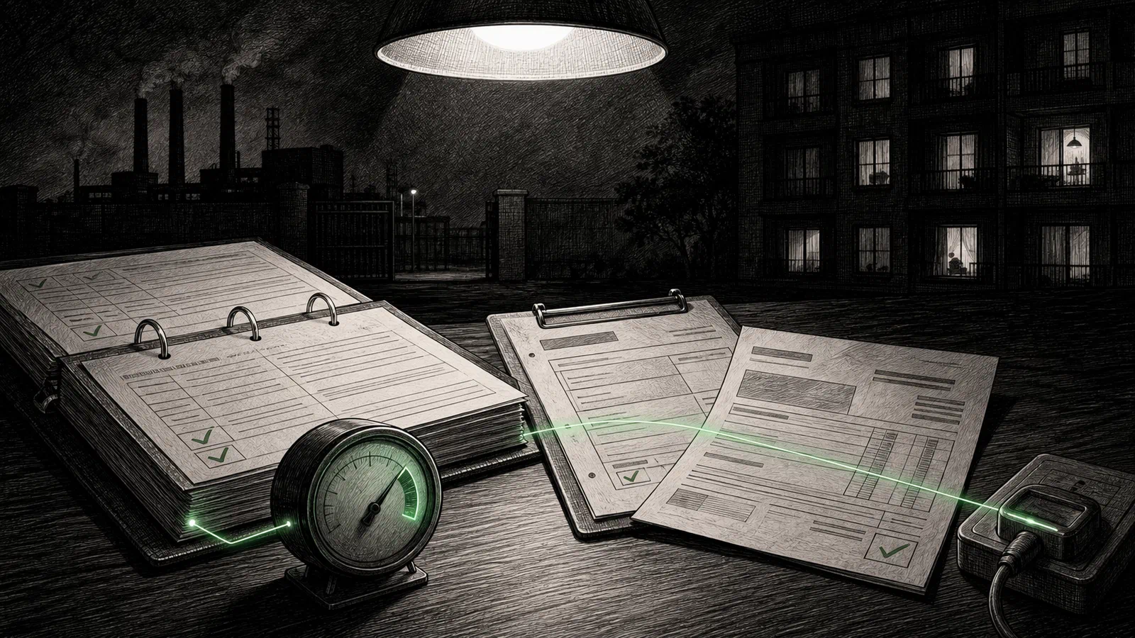 Editorial illustration of a public market filing desk with a carbon gauge, a factory permit, and a household power bill arranged under one hard overhead light.