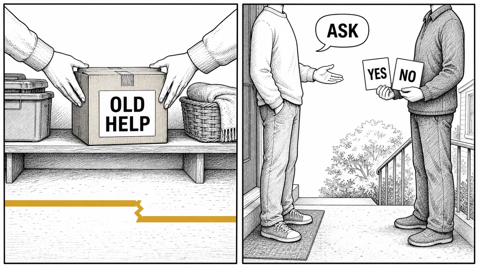 Infographic showing old help ending before a new request receives a direct answer.