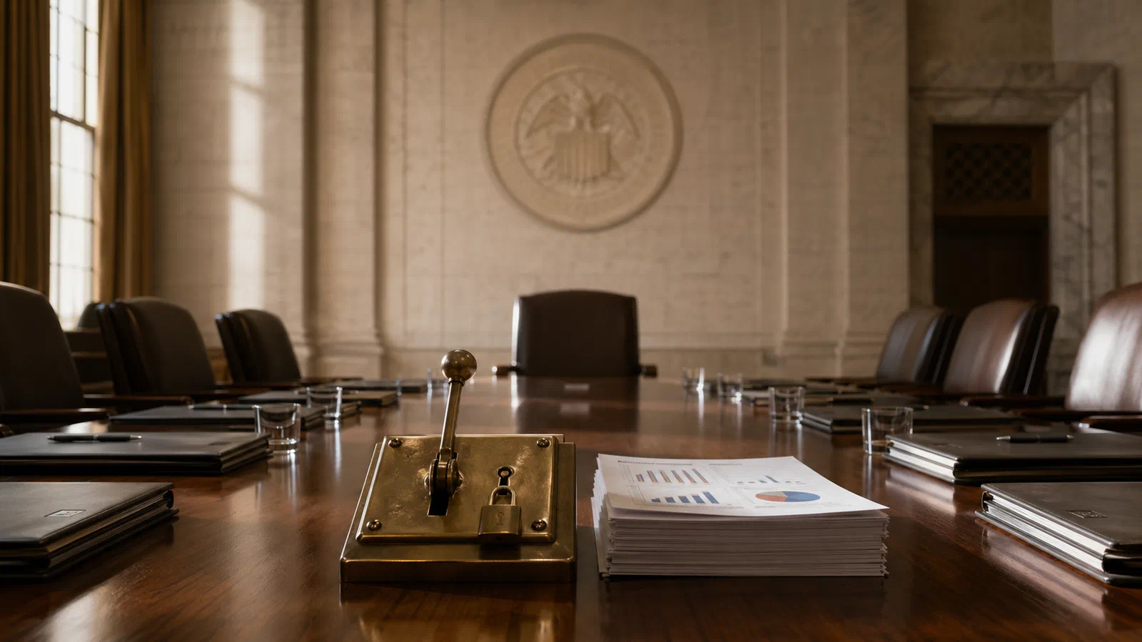 An empty central bank chair at the head of a long committee table, with a locked interest-rate lever and inflation charts in the background.
