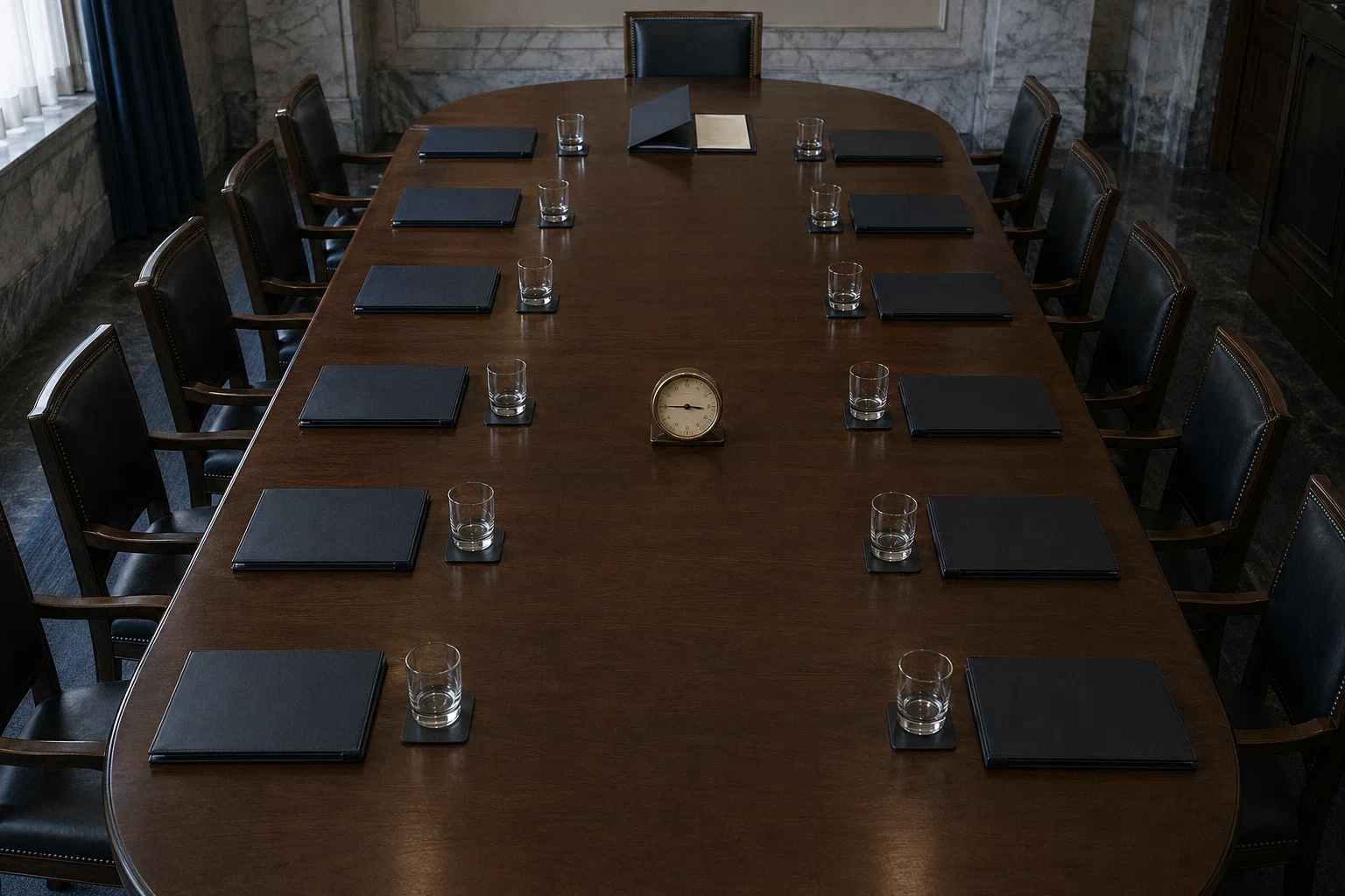 Twelve equal folders around a central bank meeting table, with a small rate gauge fixed at the center.