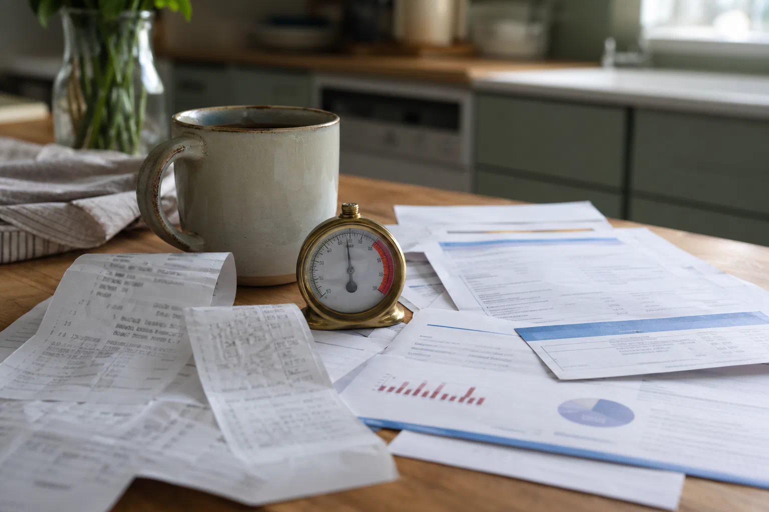 Household bills and receipts crowd a small brass rate gauge on an ordinary kitchen table.