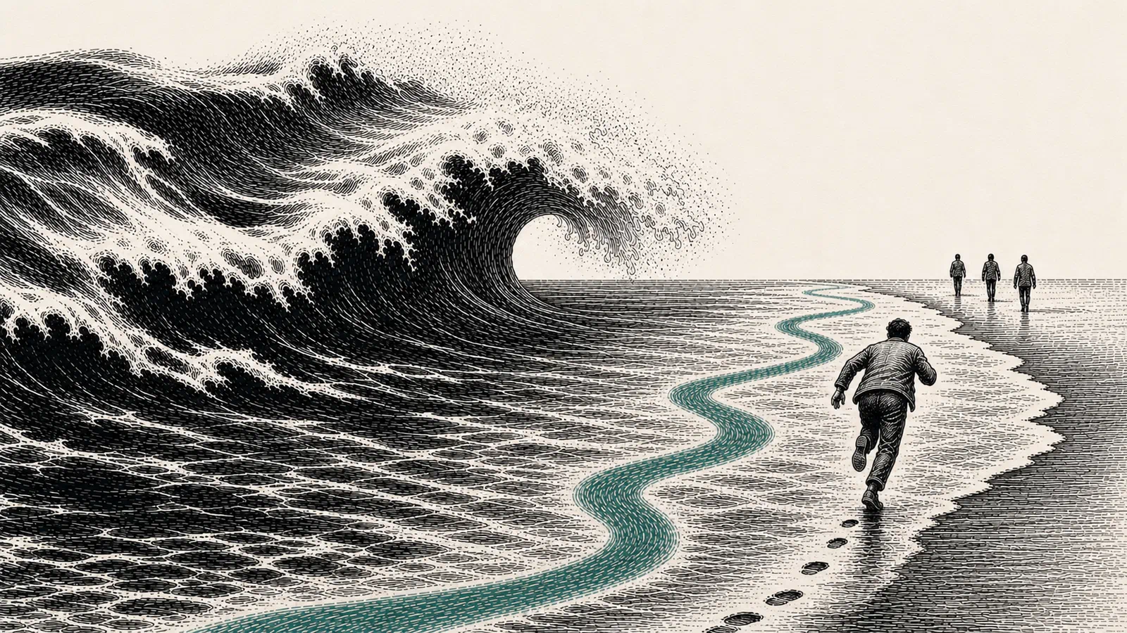 A person runs along the shore toward three figures ahead as a teal current curves past a large breaking wave.