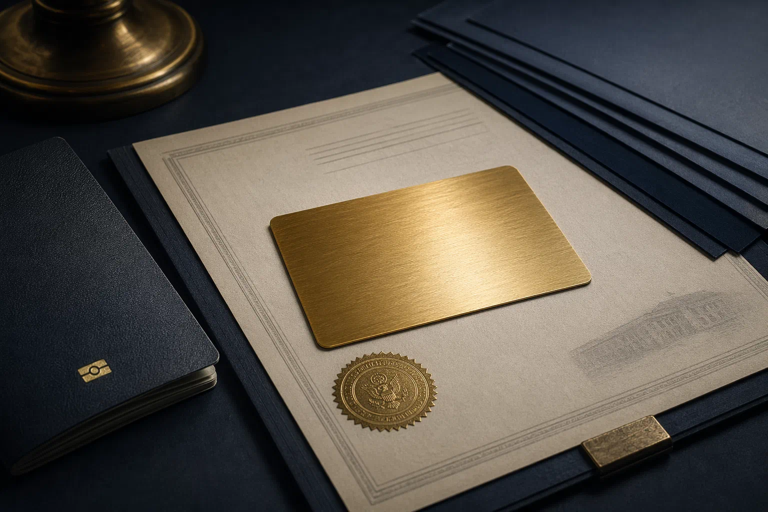 A gleaming gold residency card resting on blue immigration files beside a passport and seal-stamped paperwork.