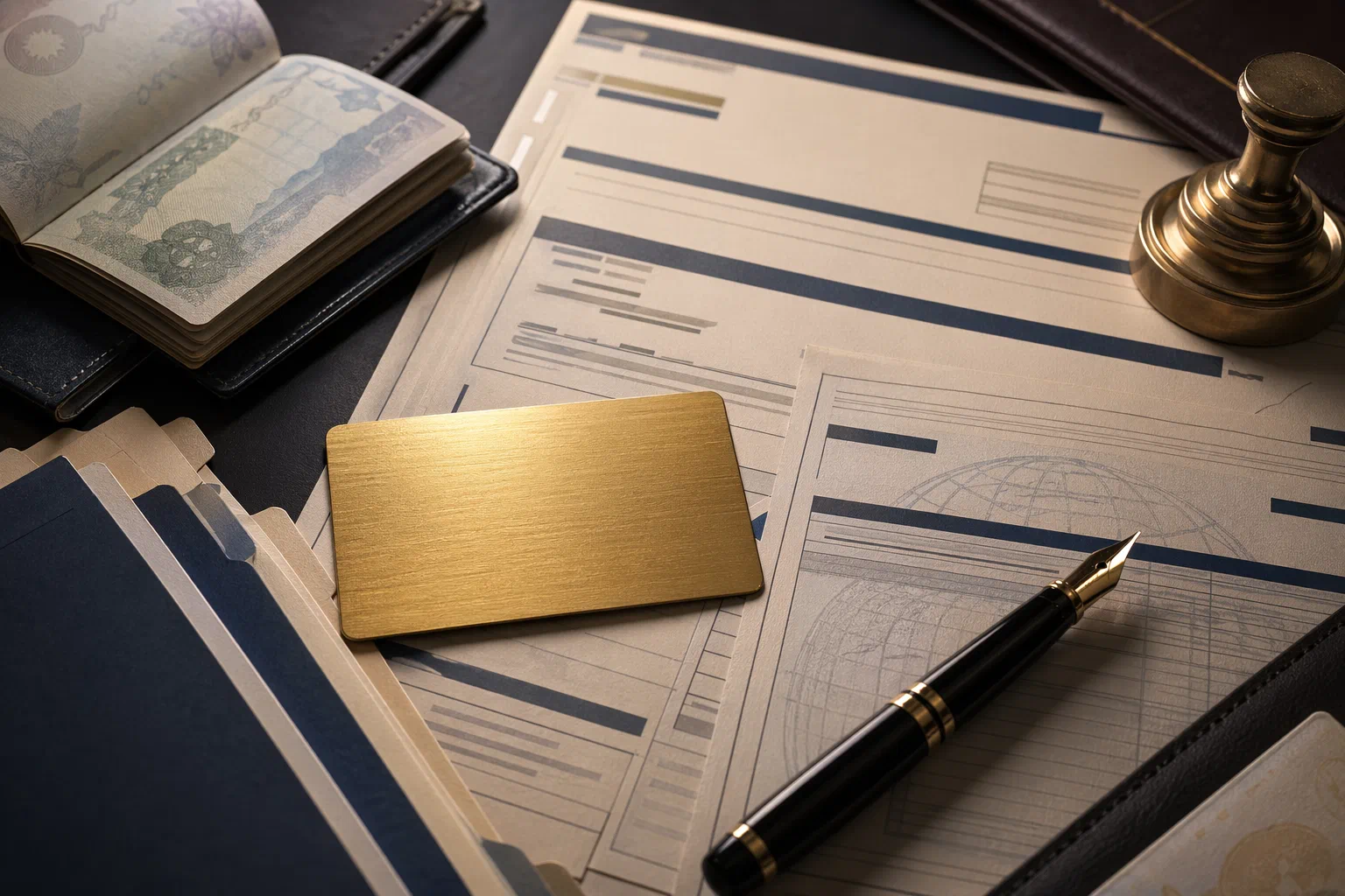 Wire transfer documents, visa forms, and a gold card laid across a polished government desk.