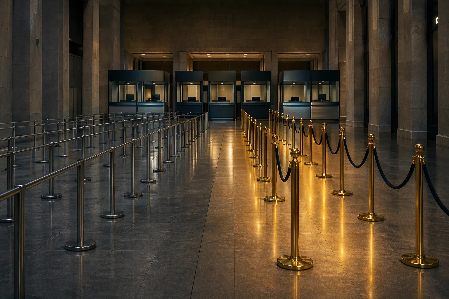 An immigration hall with brass stanchions and a distinct premium lane leading toward passport control.