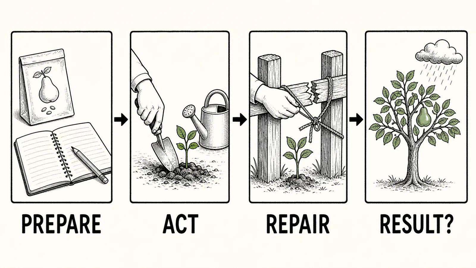 Infographic showing preparation, action, repair, and an uncertain result.