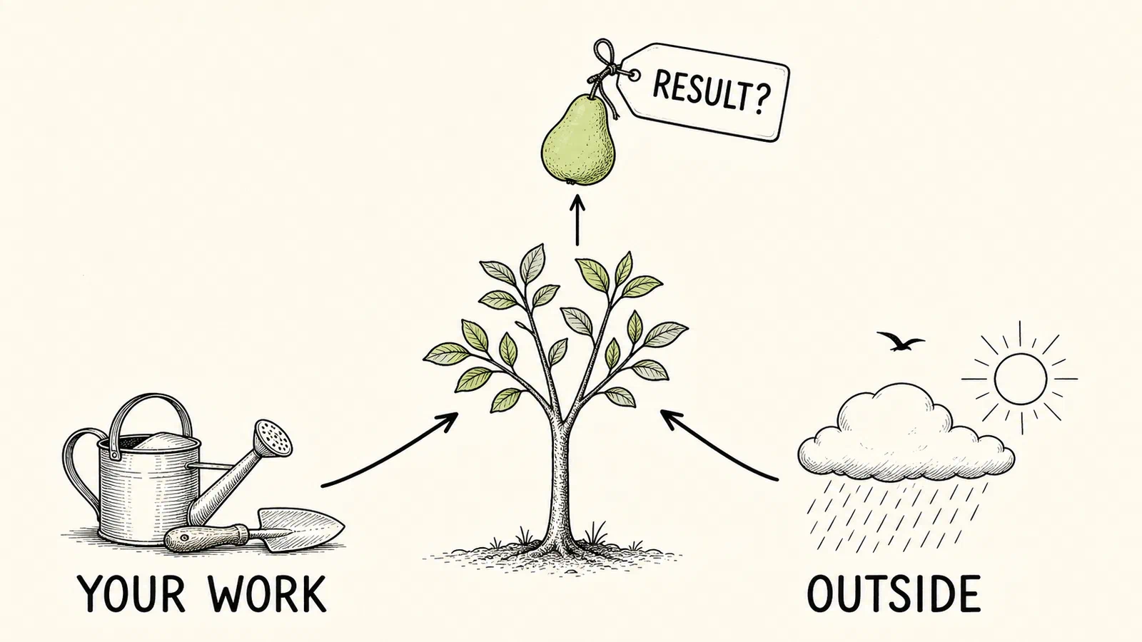 Infographic showing your work and outside conditions leading to an uncertain result.