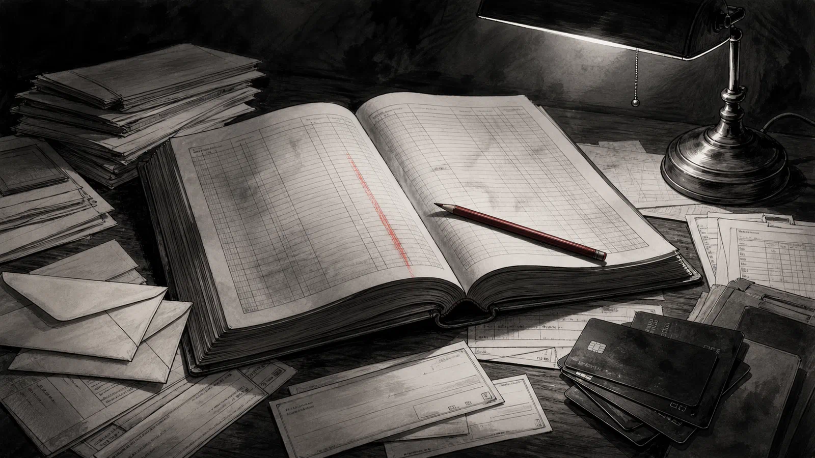 Editorial illustration of a ledger book, bank forms, donor envelopes, and shadowed payment cards arranged under a cold desk lamp.