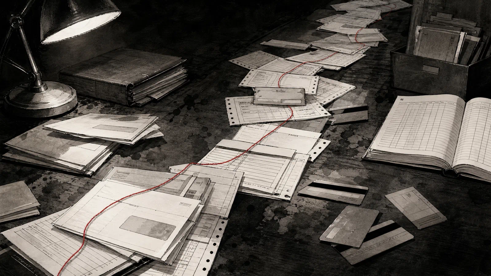 Editorial illustration of fictitious business forms, ACH descriptors, pay cards, and bank-account ledgers arranged as a paper trail.