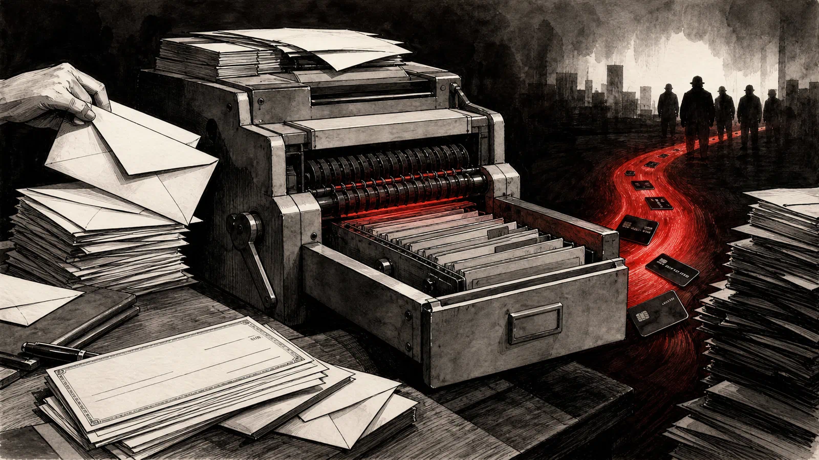 Editorial illustration of donor envelopes and checks entering a filing machine that sends a hidden payment trail toward shadowed extremist silhouettes.