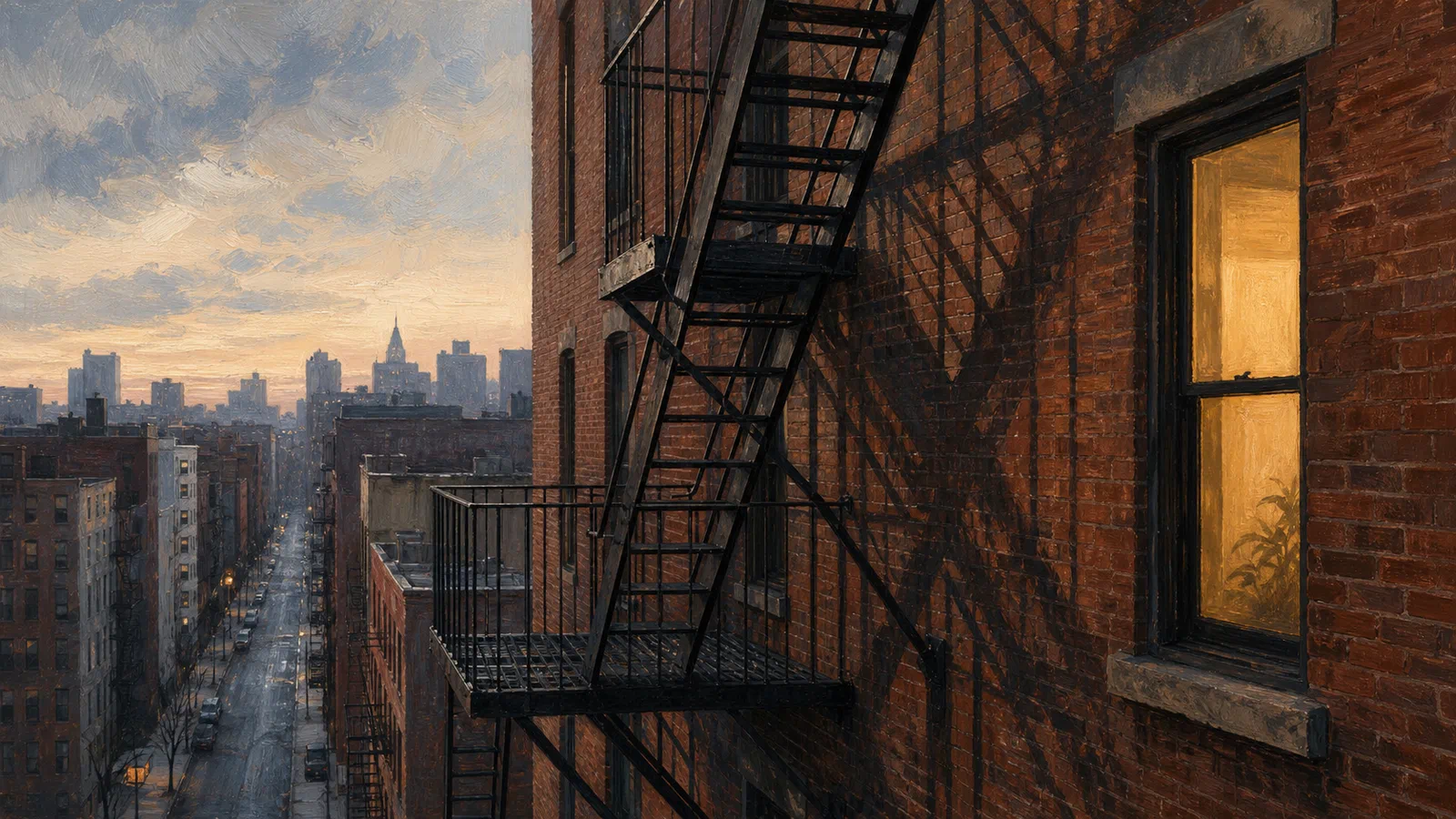 Editorial illustration of a black iron fire escape bolted to old brick above a narrow city sidewalk, with warm apartment light and a pale dawn sky.