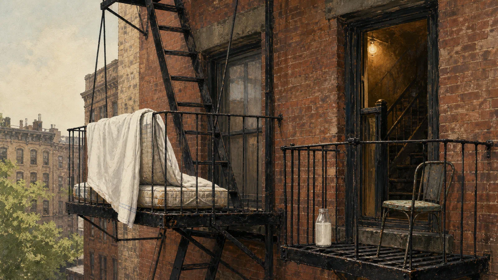 Editorial illustration of a tenement fire escape seen close up, with bedding on one landing, a milk bottle on another, and a smoke-dark stairwell visible through an open window.