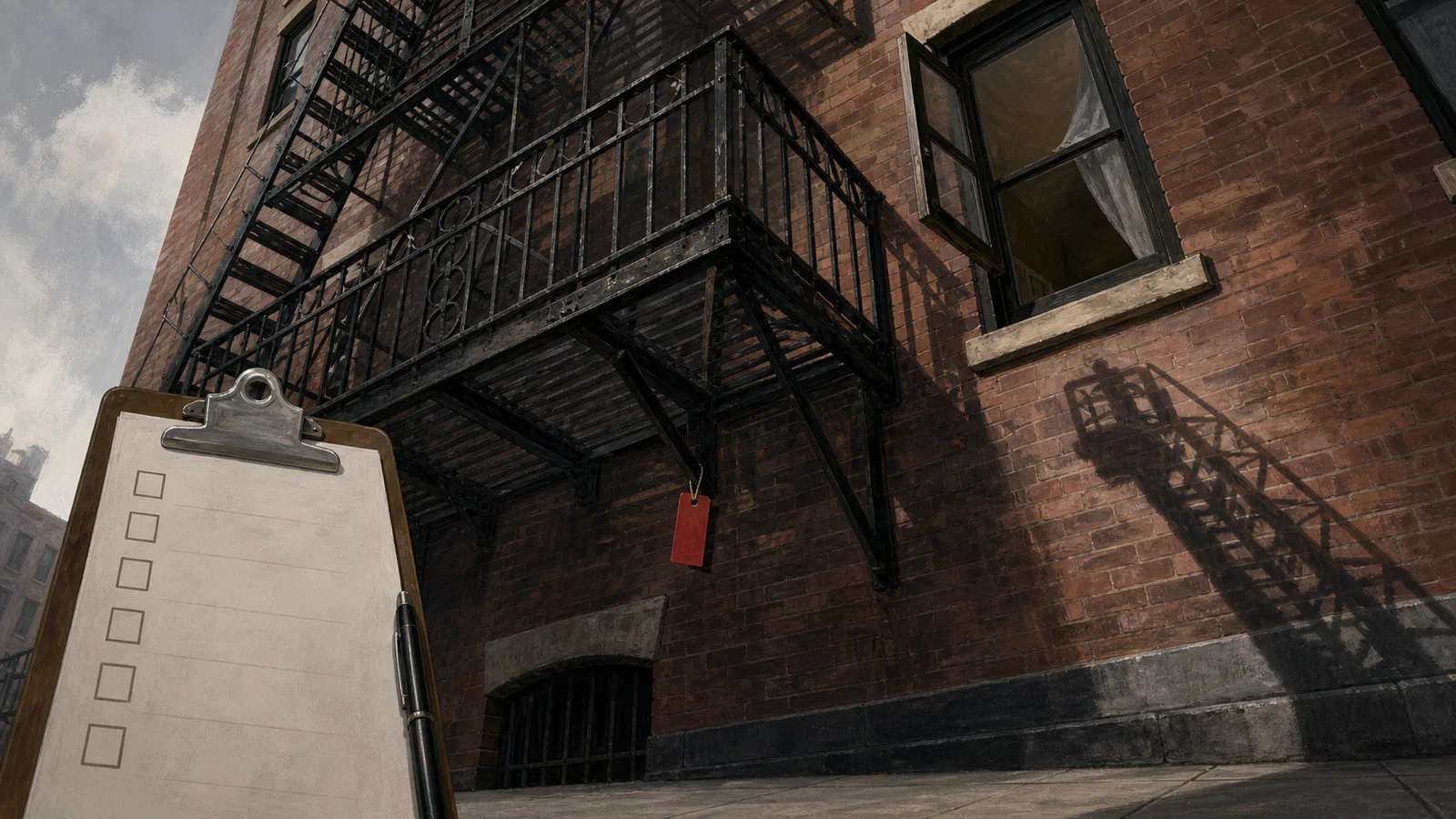 Editorial illustration looking upward from a sidewalk beneath a fire escape, with a building inspector’s clipboard, a tenant’s open window, and a firefighter’s ladder implied by shadows.
