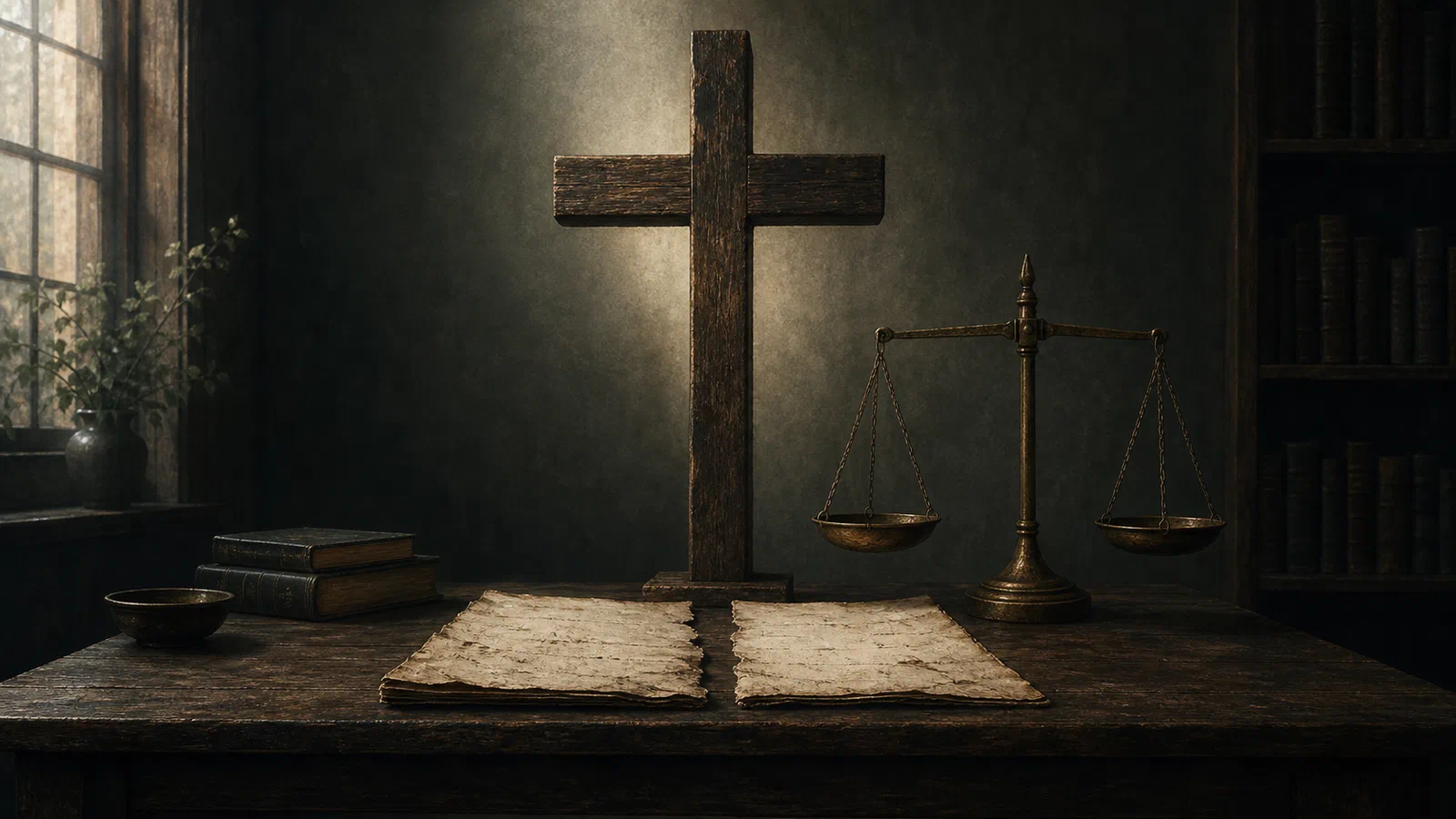 A wooden cross standing on a chapel-library table beside a balance scale and two blank ledger pages.