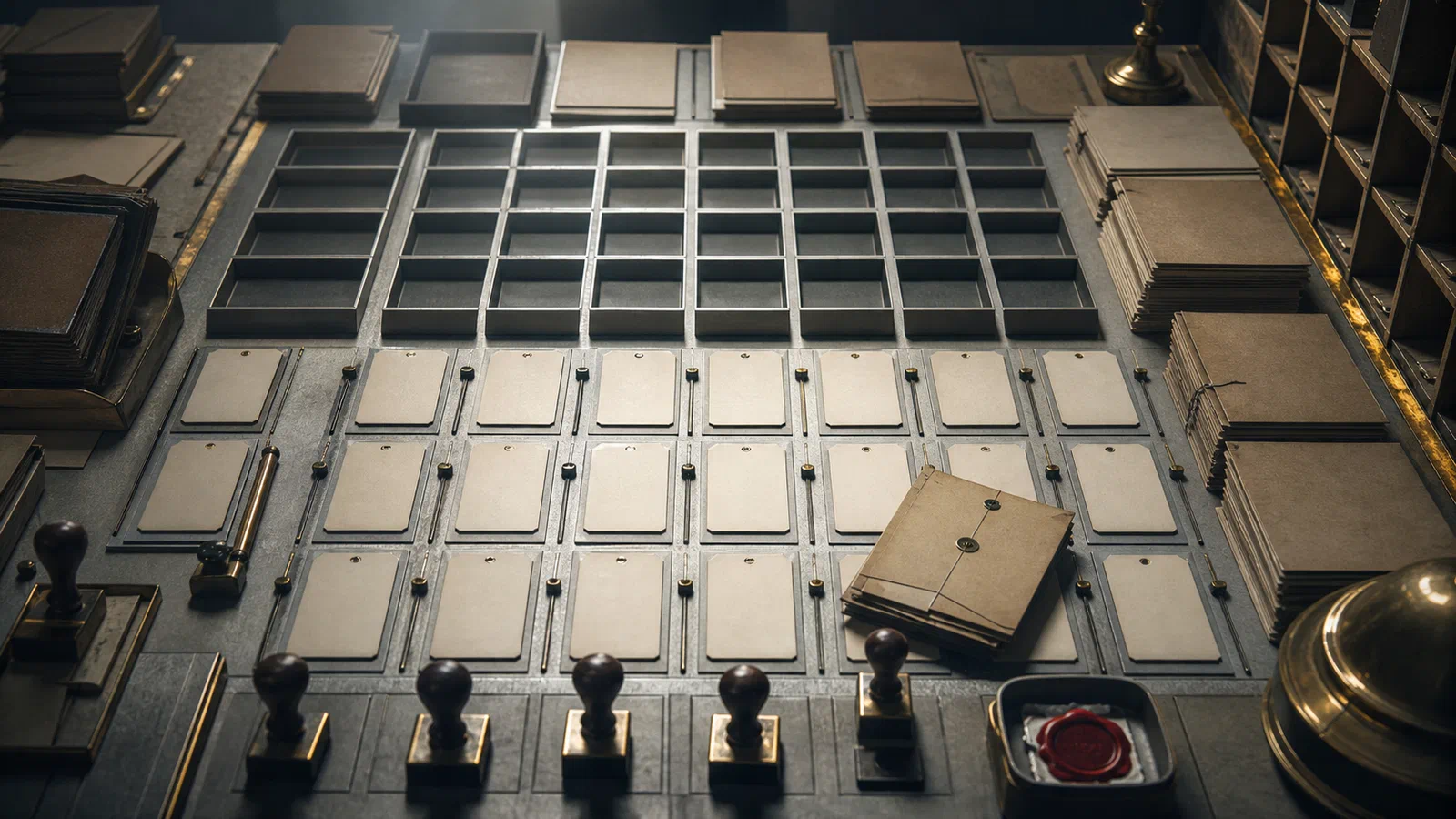 An institutional sorting table with blank cards, empty grid boxes, folders, stamps, and a wax seal arranged without readable text.