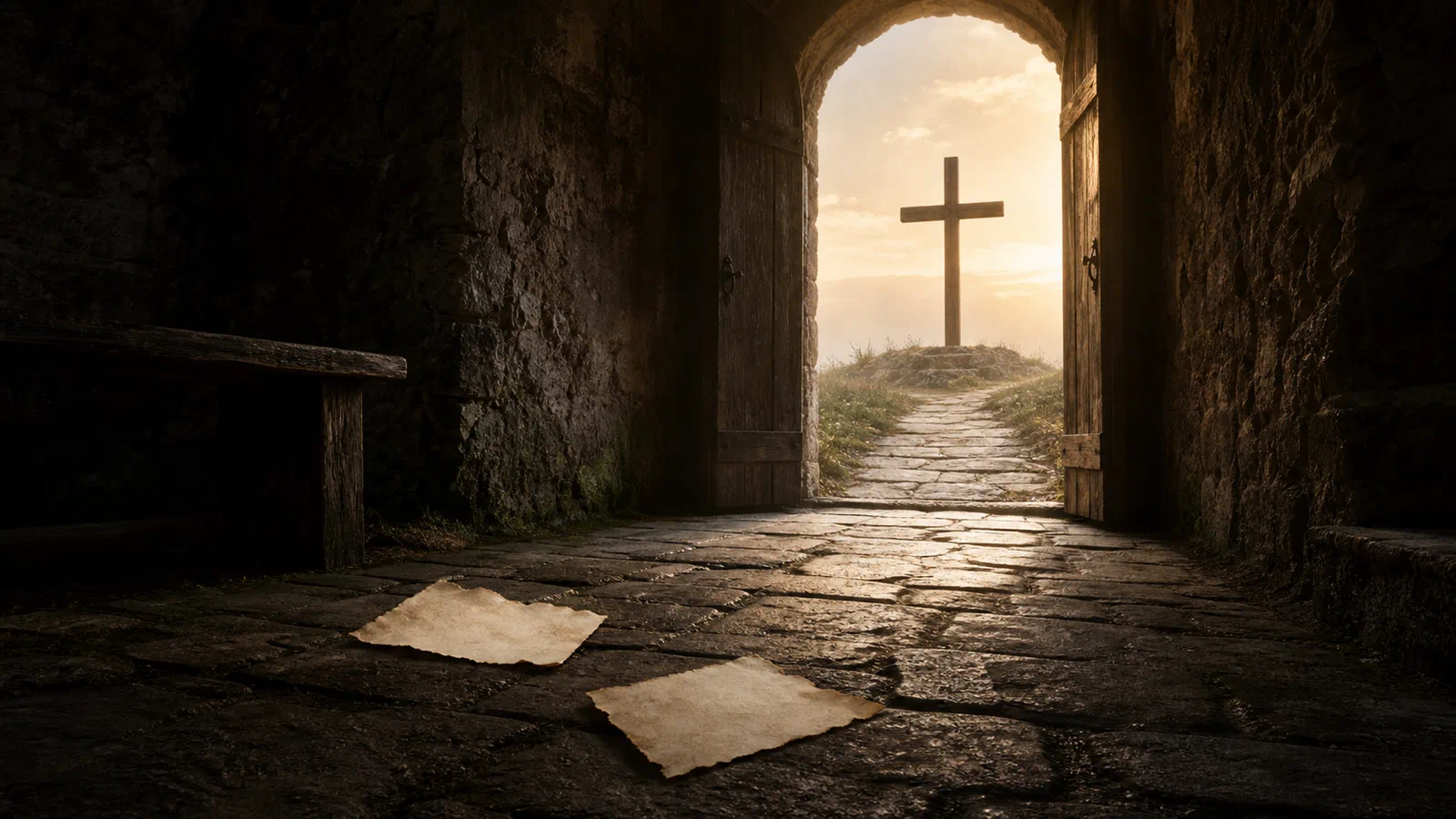 A stone path leading from a shadowed chapel doorway toward a plain wooden cross in warm dawn light, with two blank papers left on the floor.