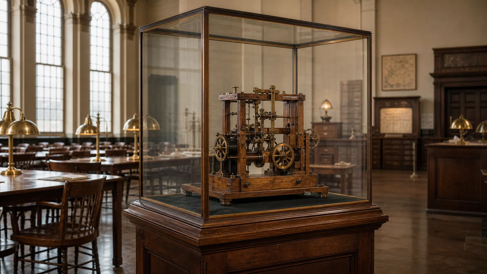A small wooden-and-brass patent model sits inside a glass display case in an old Patent Office room.