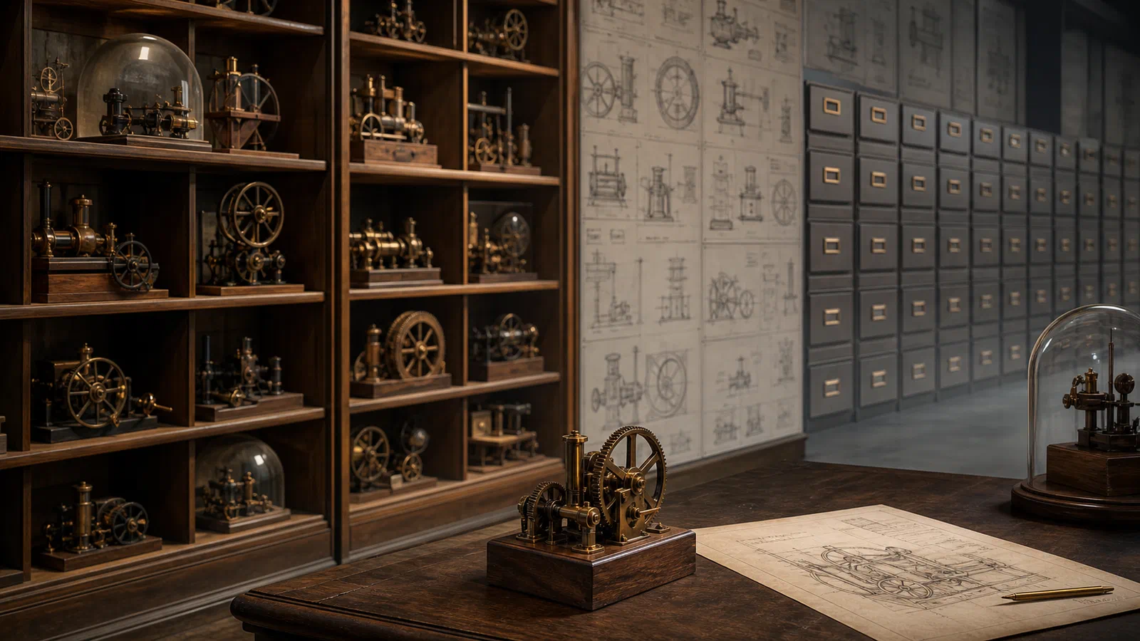 Patent models line wooden shelves while drawings and file drawers recede into the background.