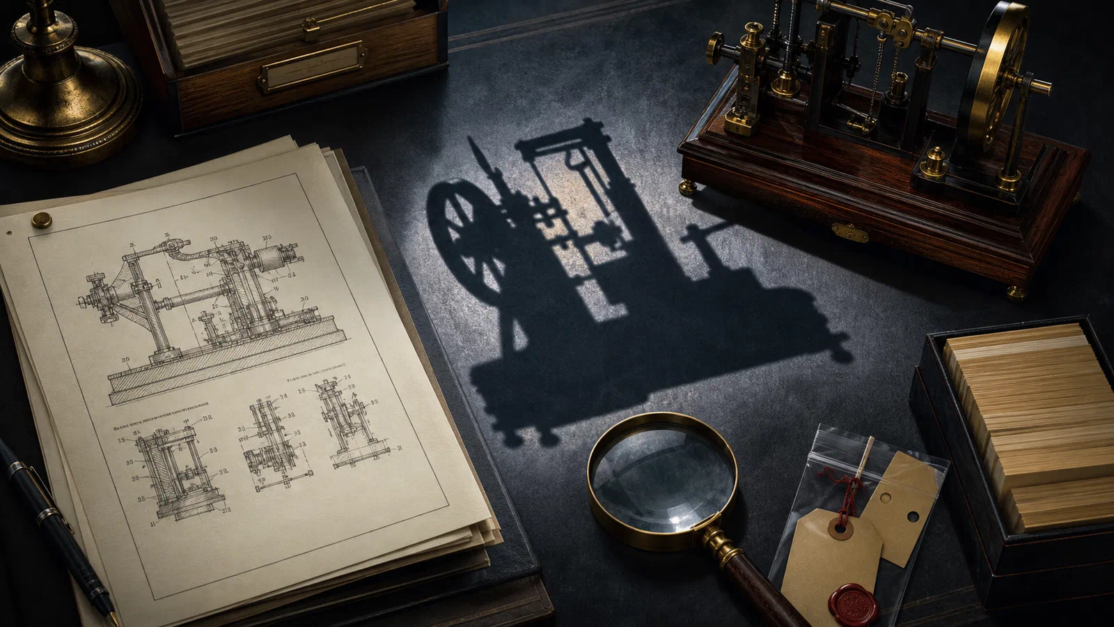 Patent drawings on a table cast the shadow of a small machine beside archival files.