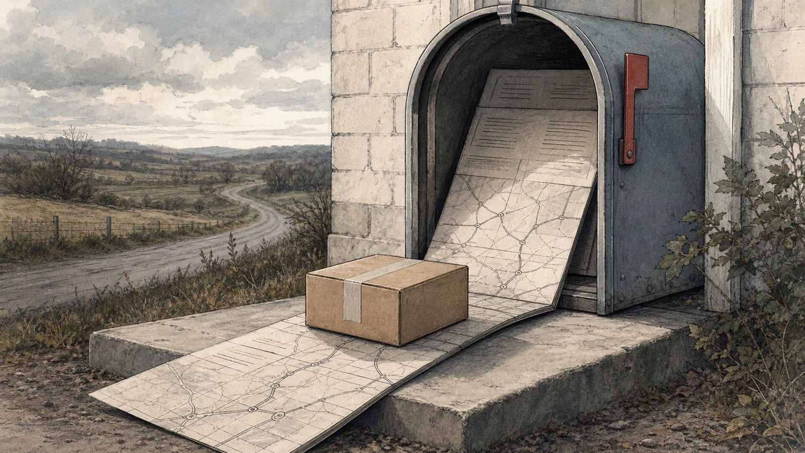Editorial illustration of a cardboard prescription package at a clinic doorway shaped like a mailbox, with court papers and route lines folded into the threshold.
