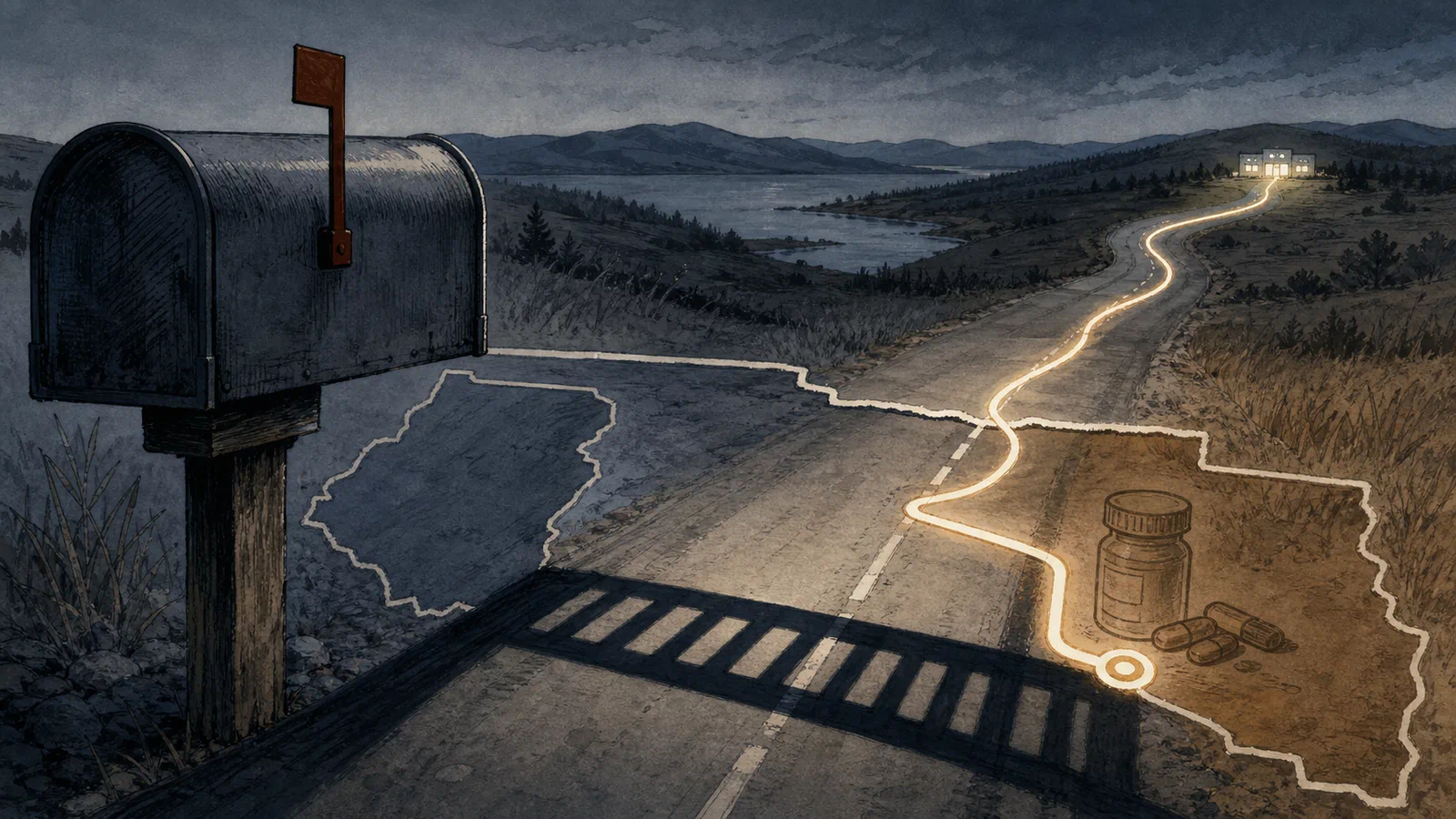 Editorial illustration of a prescription route line crossing a state boundary, with a clinic light far away and a mailbox casting a long shadow over the road.