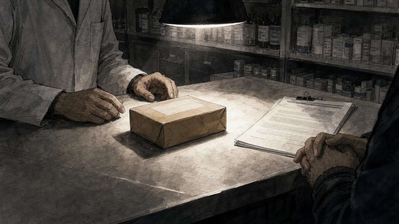 Editorial illustration of a pharmacy counter, court order, and sealed package under a narrow overhead light, with anonymous hands paused before the label.