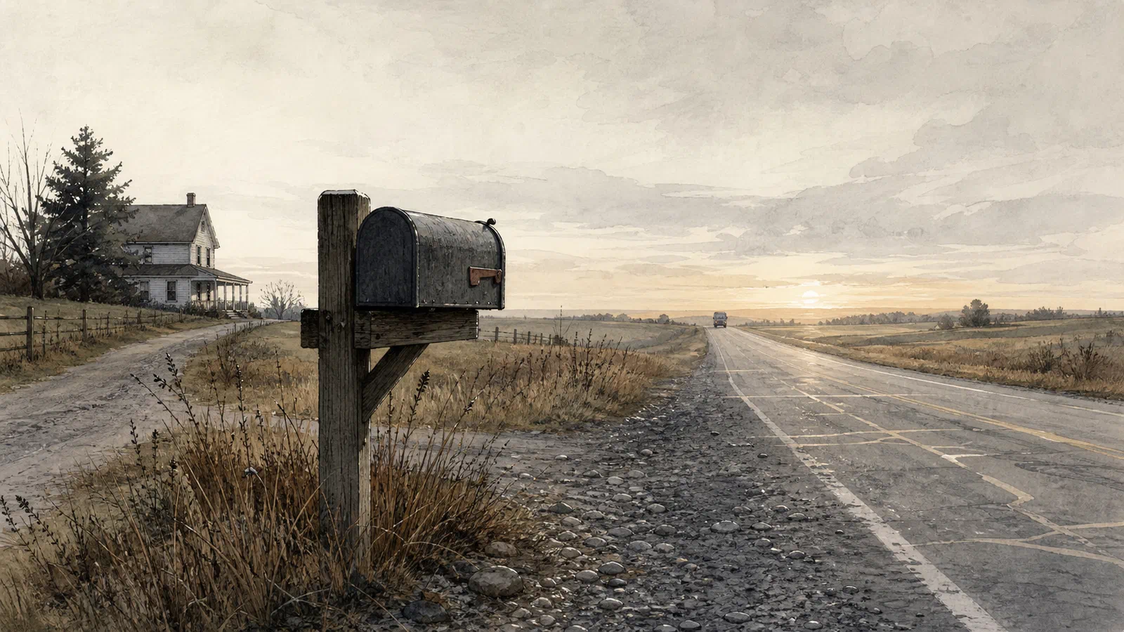 A rural mailbox at the edge of a gravel road, with postal route lines suggested in the road surface and a carrier vehicle distant on the horizon.
