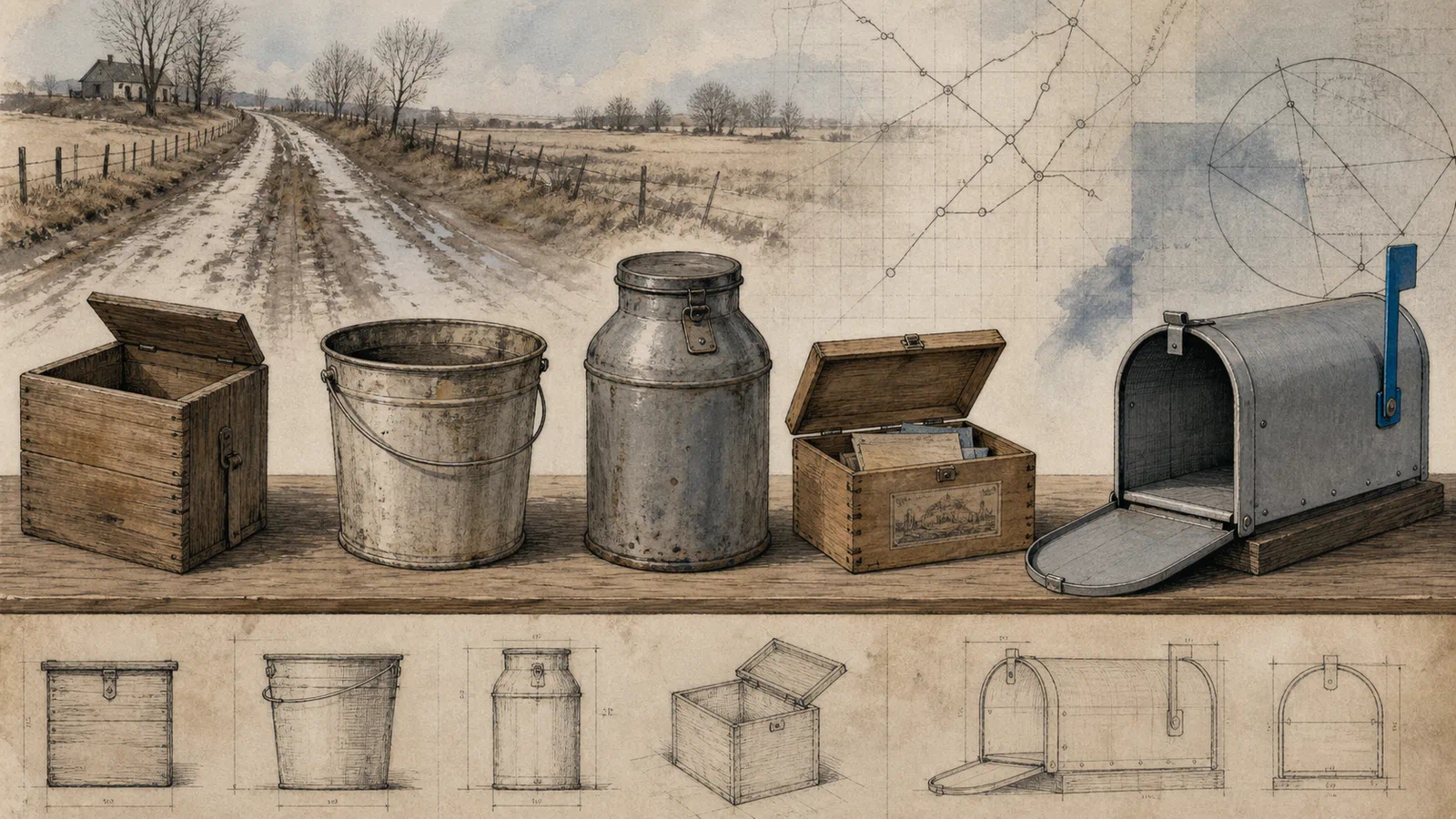 A tabletop editorial illustration of improvised rural mail containers giving way to a standardized metal mailbox, with a muddy road profile and postal route geometry around them.
