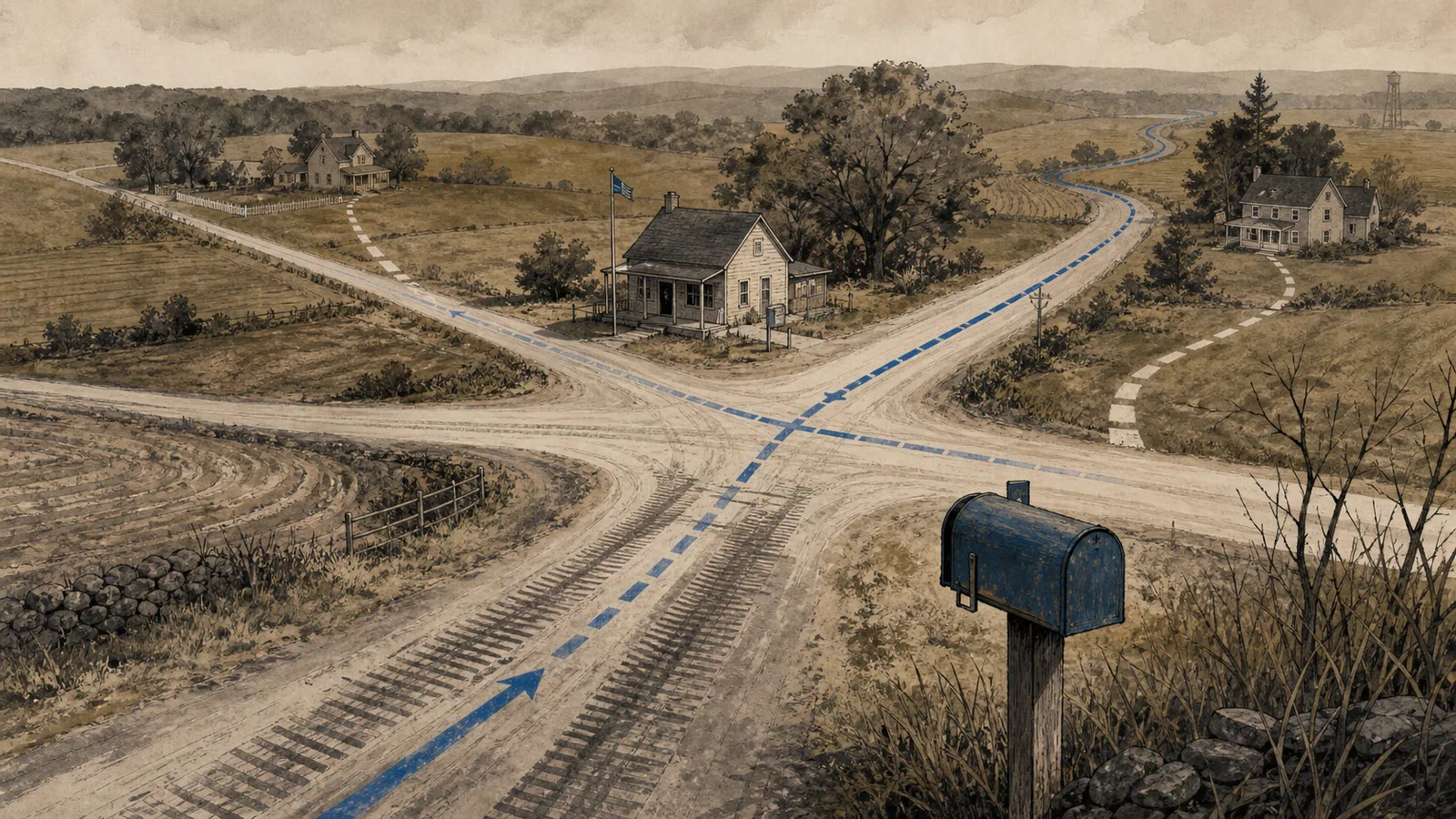 A quiet rural crossroads where mail routes, road maintenance marks, small post office silhouettes, and household paths converge around one roadside mailbox.