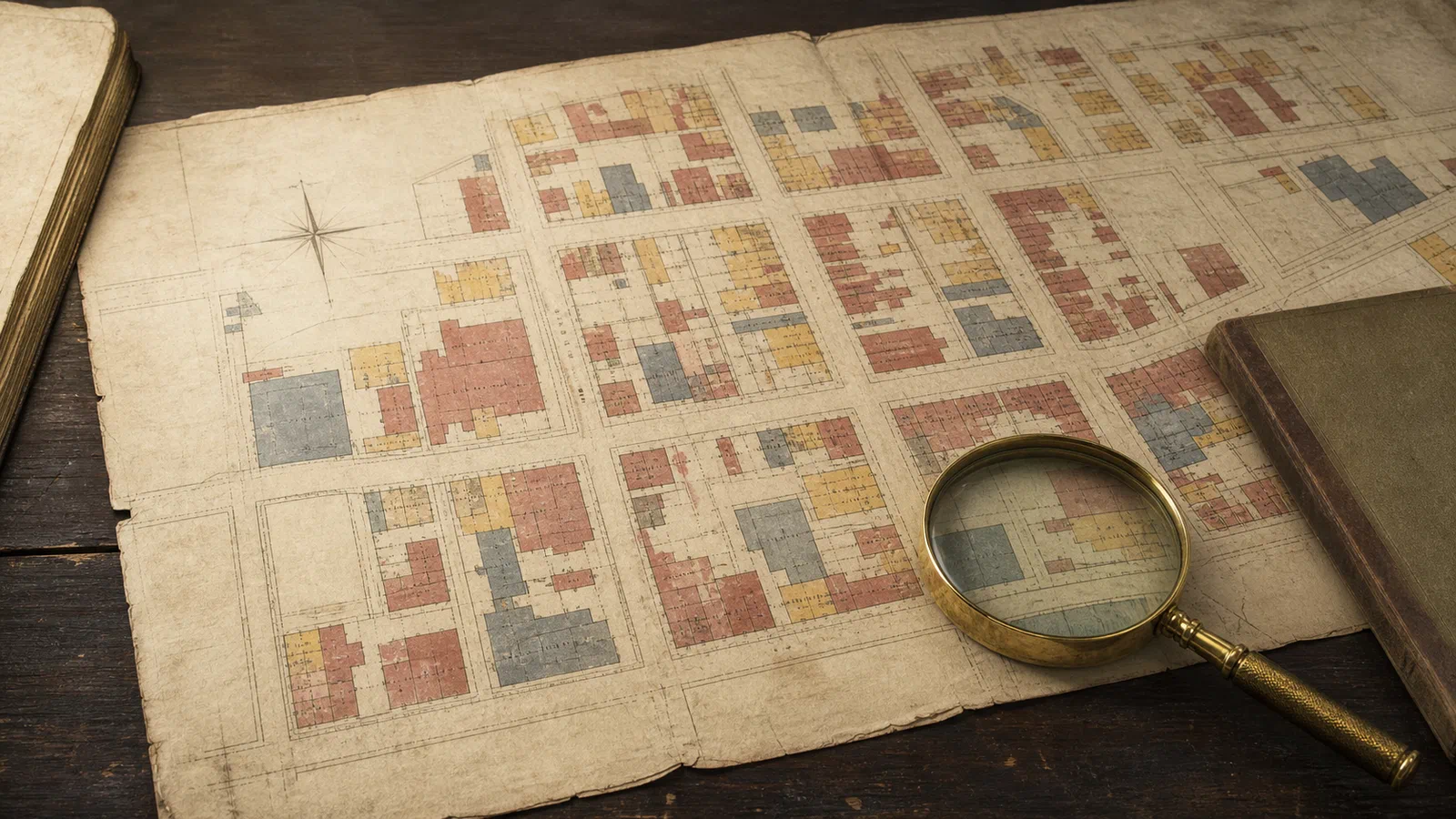 Editorial image: a public archive table holding an opened Sanborn-style map, with measured streets, color-coded blocks, and restrained civic-record lighting.