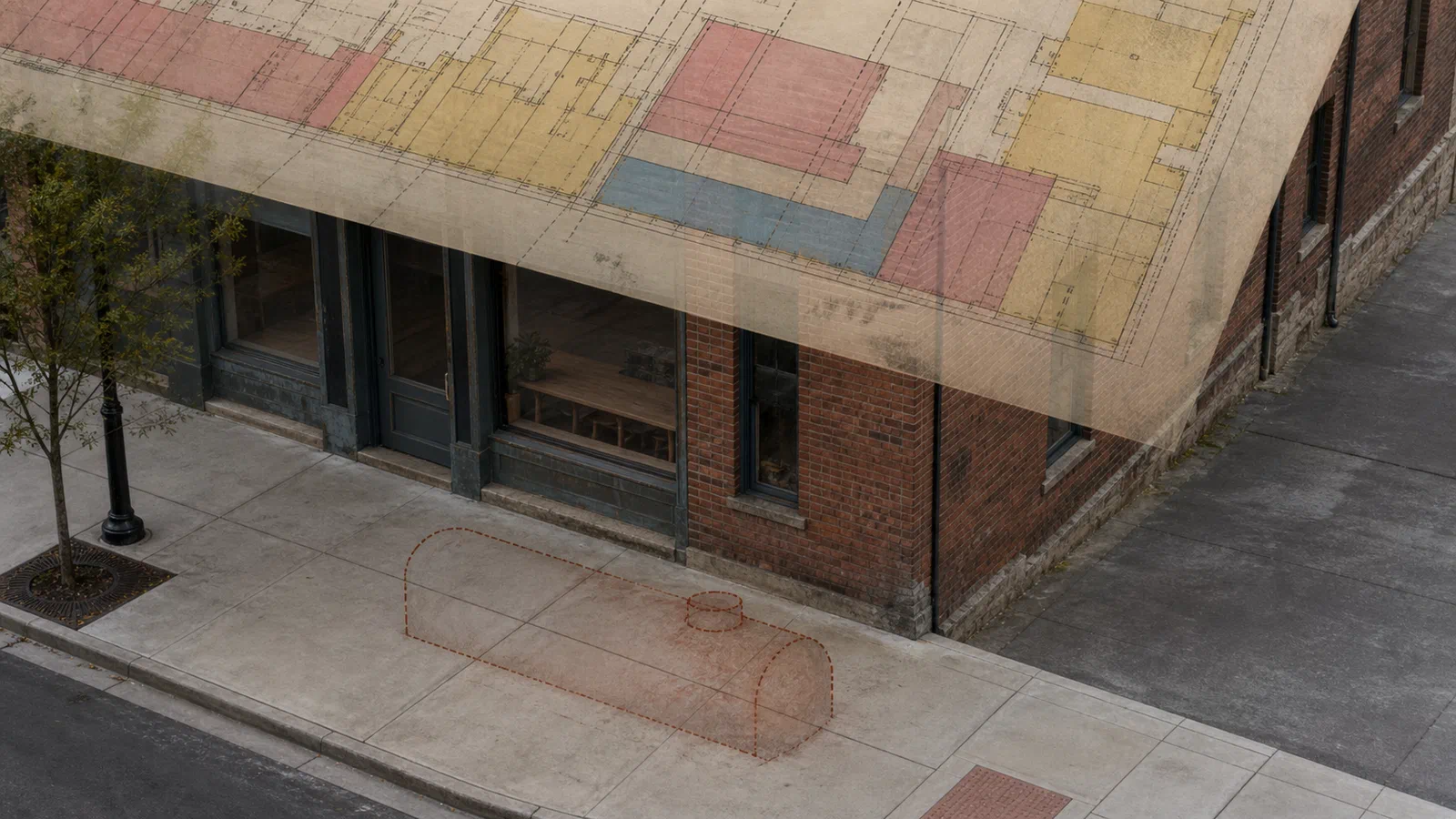 Editorial image: a modern environmental due-diligence desk with an old map, a public-record folder, and a clean redevelopment site plan, with no corporate branding.