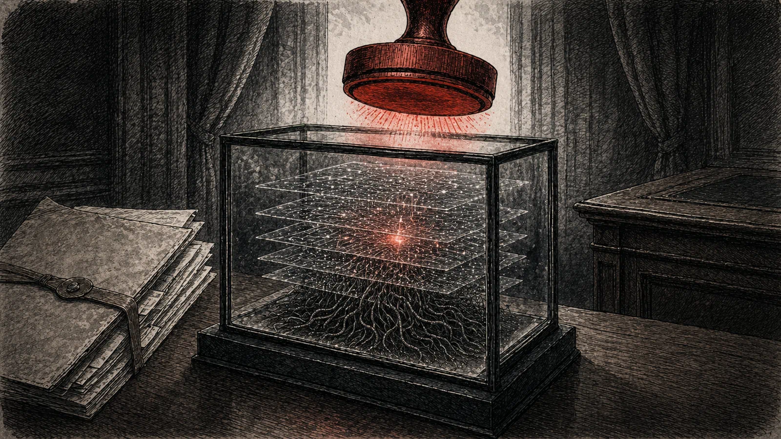 An abstract AI model sealed in a glass case under a red security-review stamp.