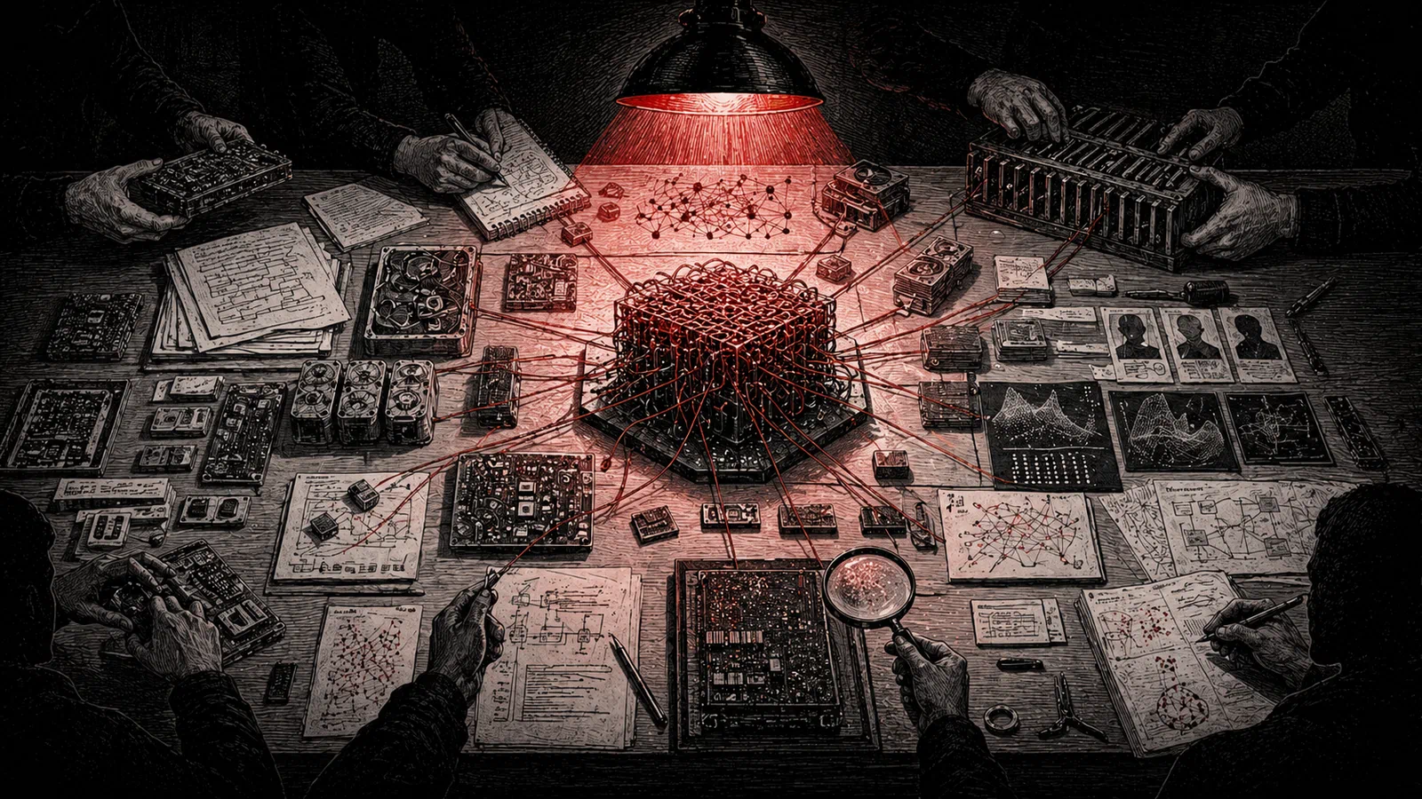 AI company components arranged on an inspection table under red review light.