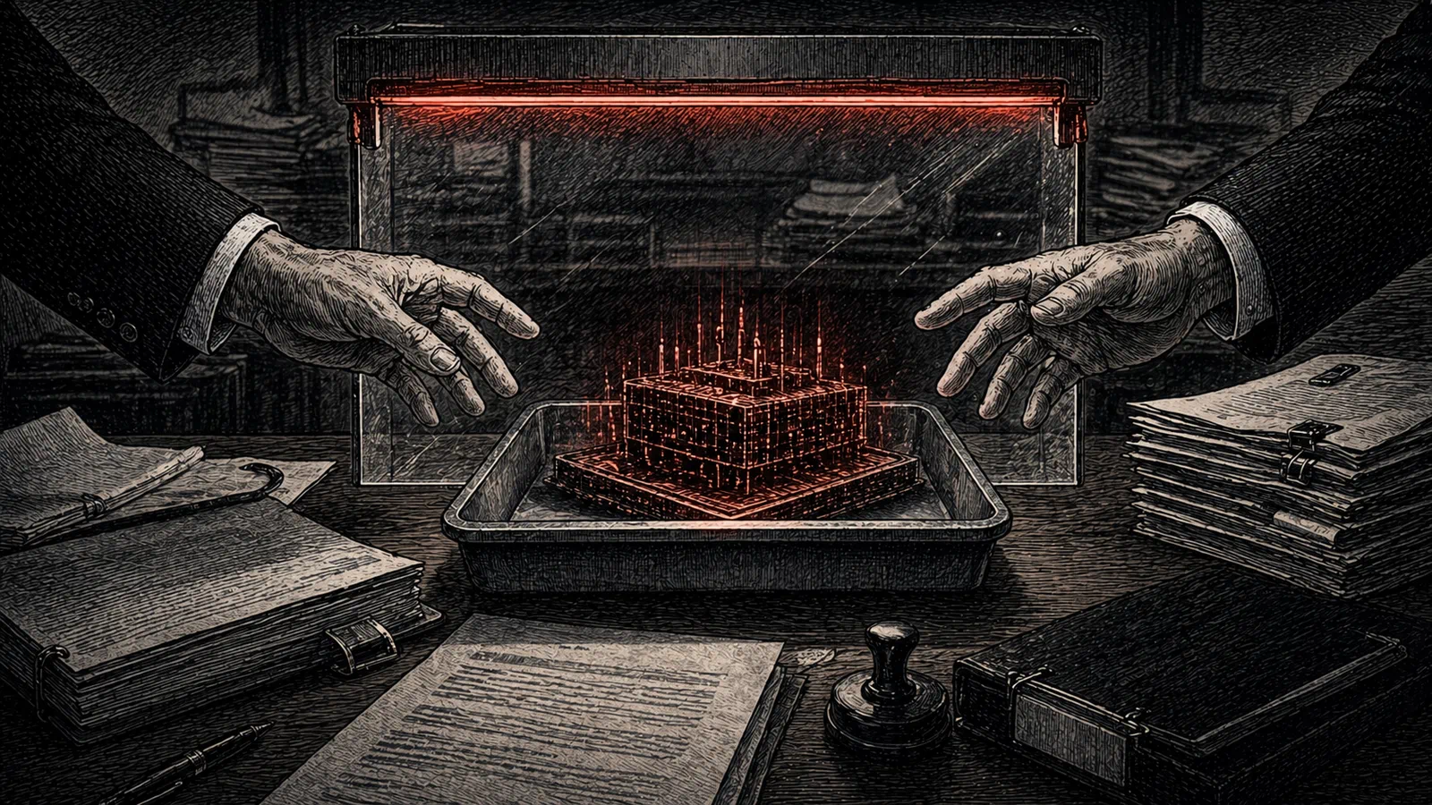 A glowing abstract model held in an inspection tray while two generic hands reach across a transparent barrier.