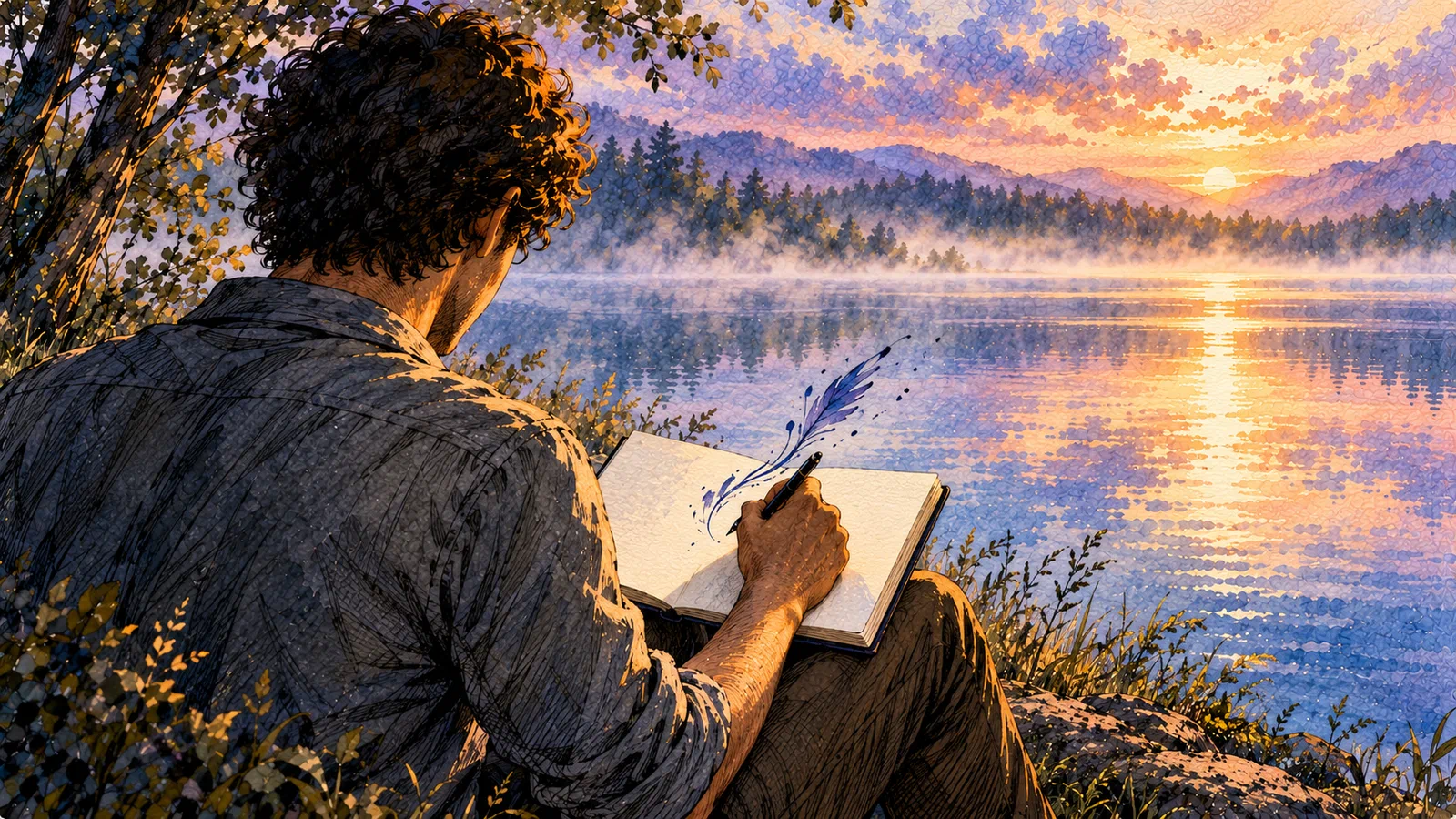 Viewed from behind one shoulder, a solitary writer holds a pen over an open notebook as a small indigo wing-shaped stroke rises from the page beside a calm lake.