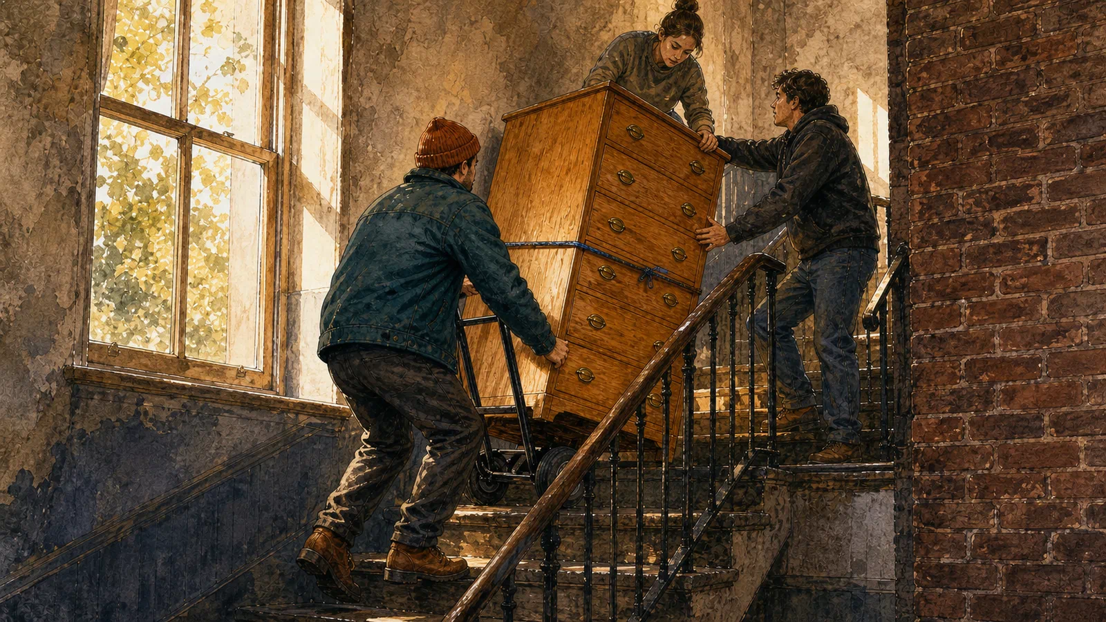 The same anonymous man and two anonymous neighbors guide the honey-colored dresser around a narrow apartment landing, their hands sharing its weight in warm morning light.