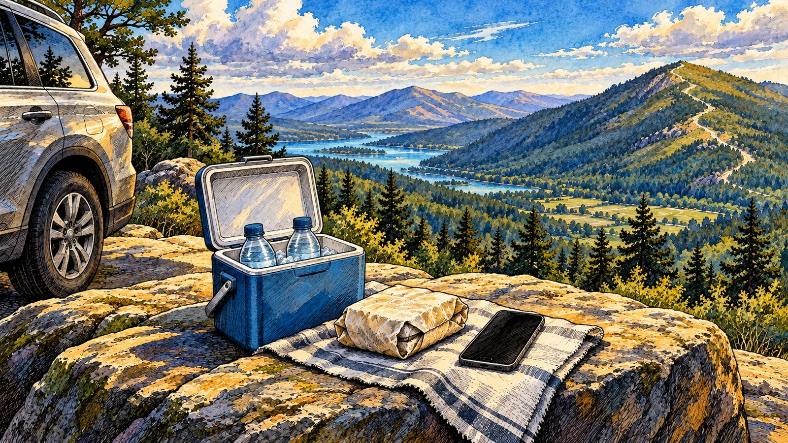 An open blue cooler, two water bottles, a wrapped sandwich, and a dark-screen phone sit on a cloth-covered rock above a lake and a mountain trail.