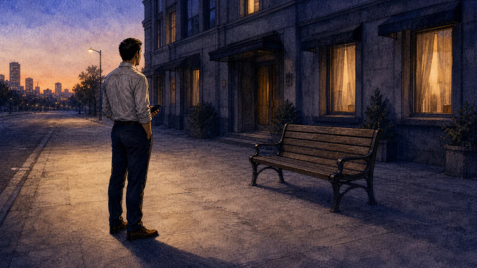 Outside the same hotel at dawn, the same man stands beside an empty bench with a dark phone in hand and one long shadow crossing the pavement.