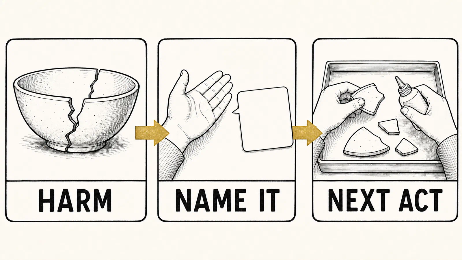 Infographic showing a broken promise, named harm, and the next honest act.