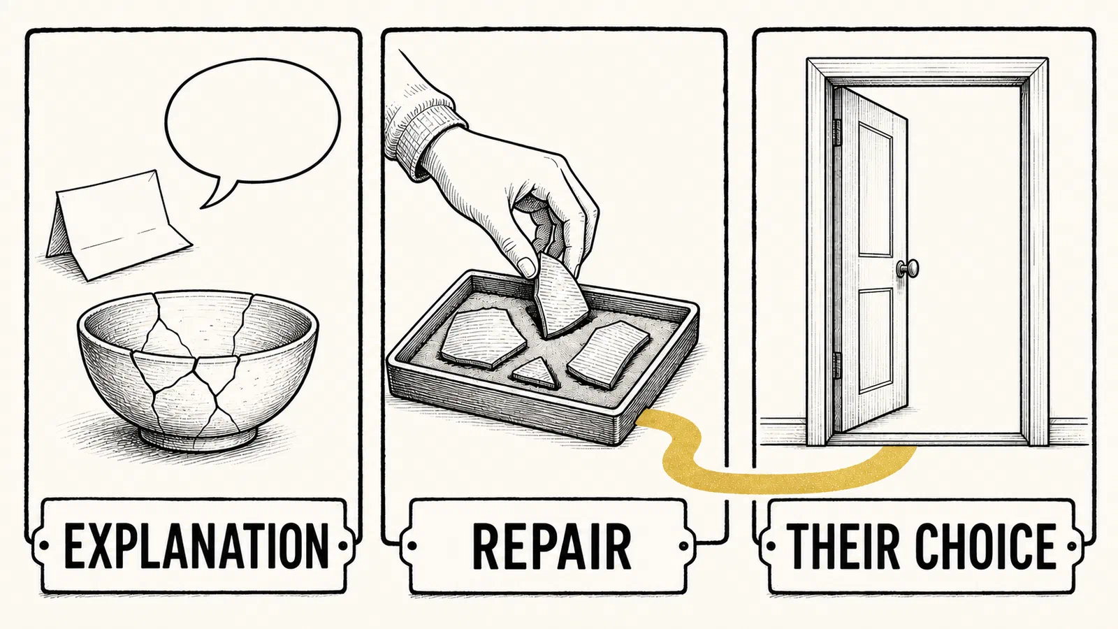 Infographic showing the difference between an explanation, repair, and another person’s choice.