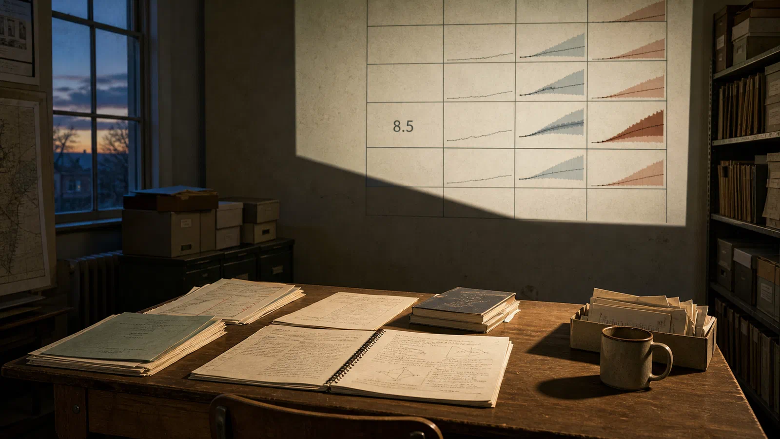 A climate scenario table projected in a public hearing room while the number 8.5 casts a long shadow across papers, reports, and public-record files.