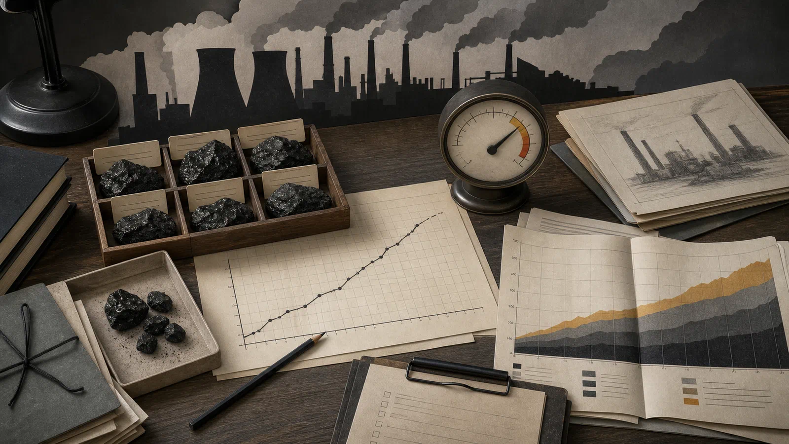 A coal-heavy model world laid out as assumptions on an archival desk with energy charts, population curves, and fossil-fuel silhouettes.