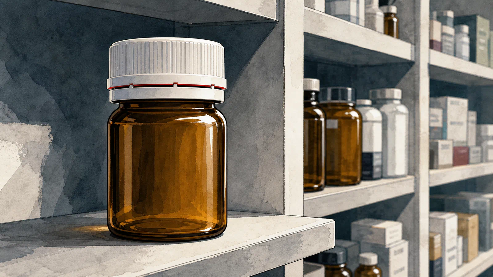 A medicine bottle with a clean tamper-evident band on a quiet pharmacy shelf, rendered as serious editorial illustration.