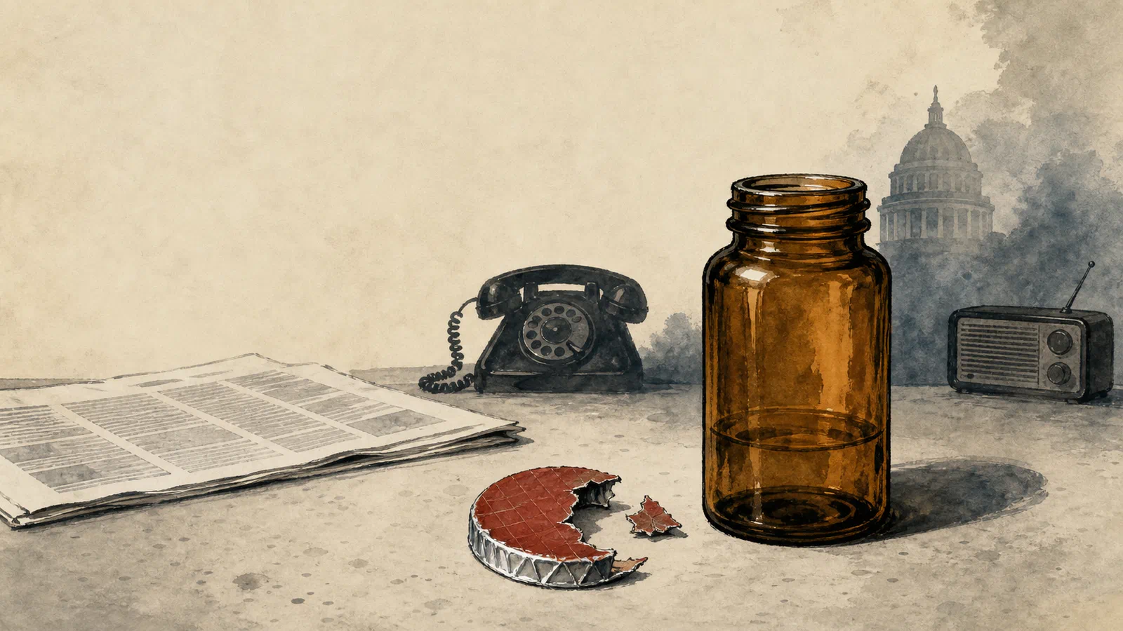 An unlabeled amber medicine bottle beside a torn seal, a rotary phone, a radio, and an unreadable newspaper on a quiet table.