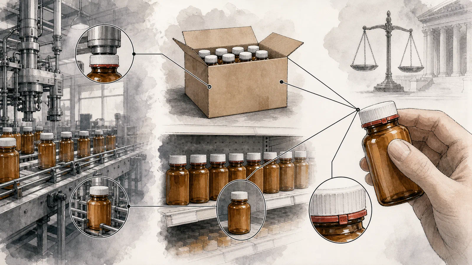 A generic medicine bottle moving through factory, carton, shelf, and shopper inspection, with the cap seal highlighted.