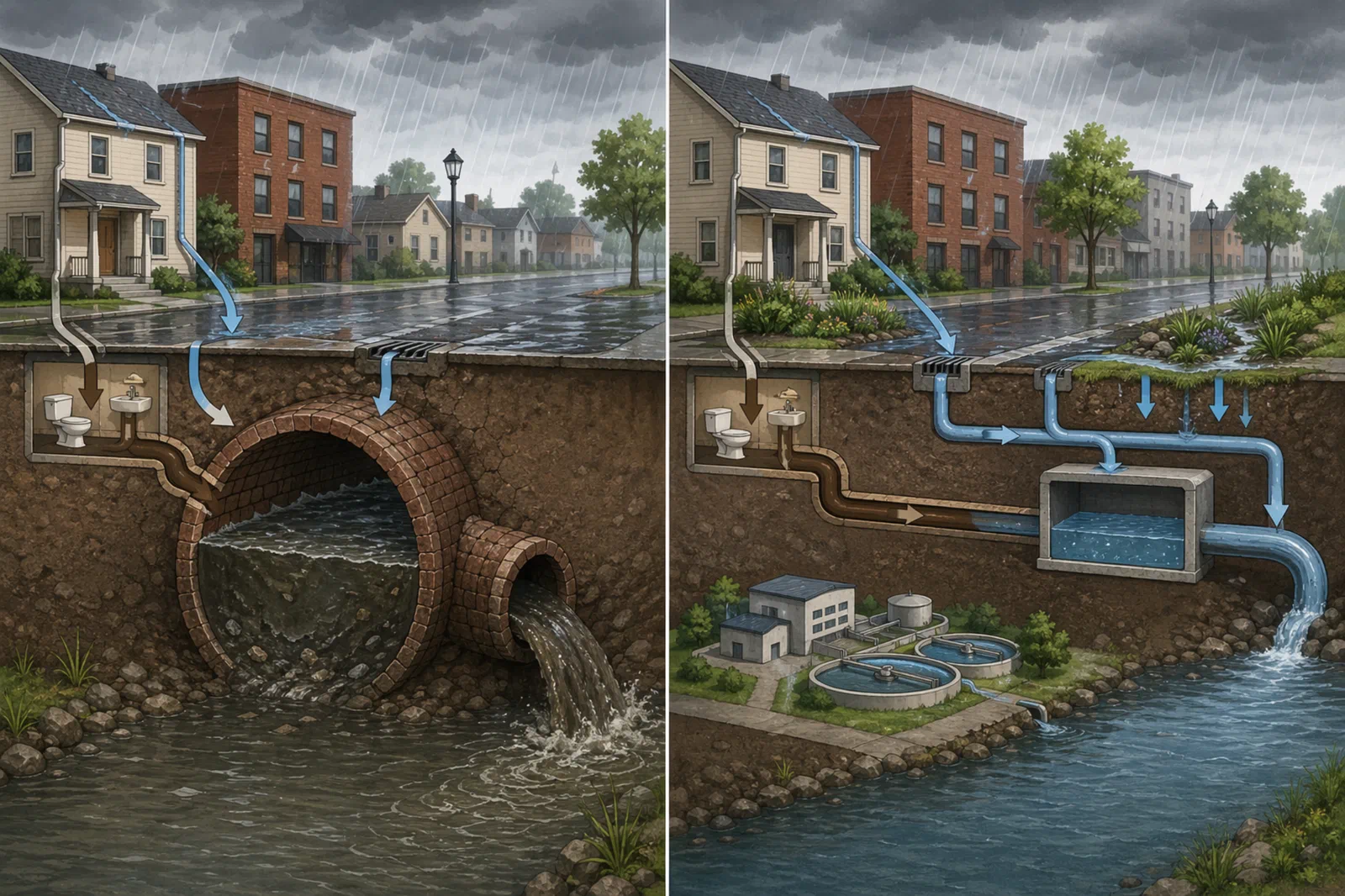 Side-by-side illustration comparing an old combined sewer system with a separated stormwater and wastewater system during a rainstorm.