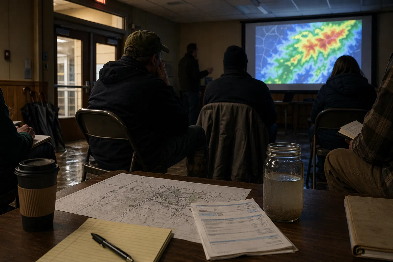 A modest community meeting room with residents facing a projected rainfall map, with paper plans and a jar of cloudy brook water on a table.