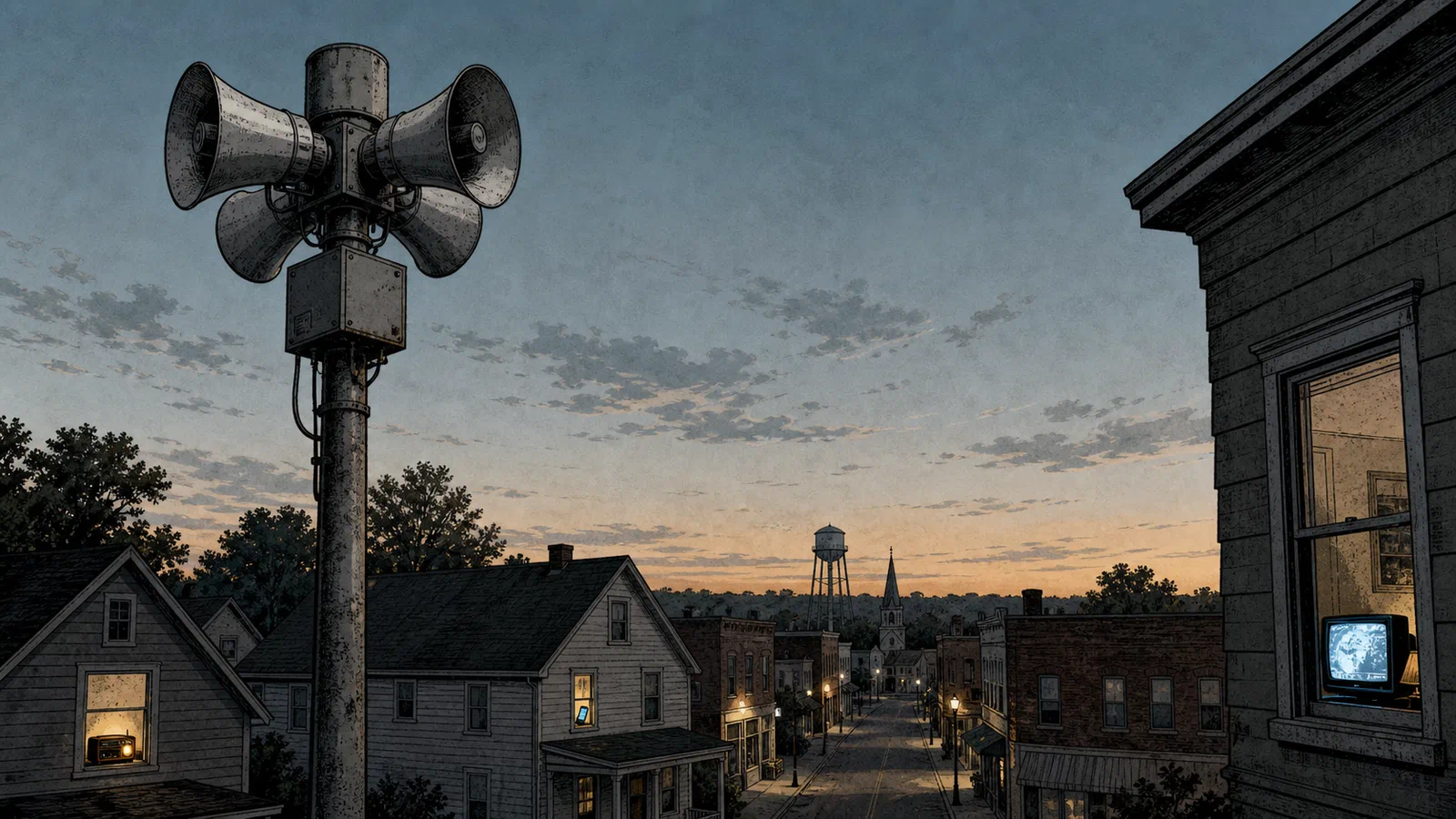 An editorial illustration of an outdoor warning siren on a utility pole above a quiet street as phones and radios glow in nearby windows.