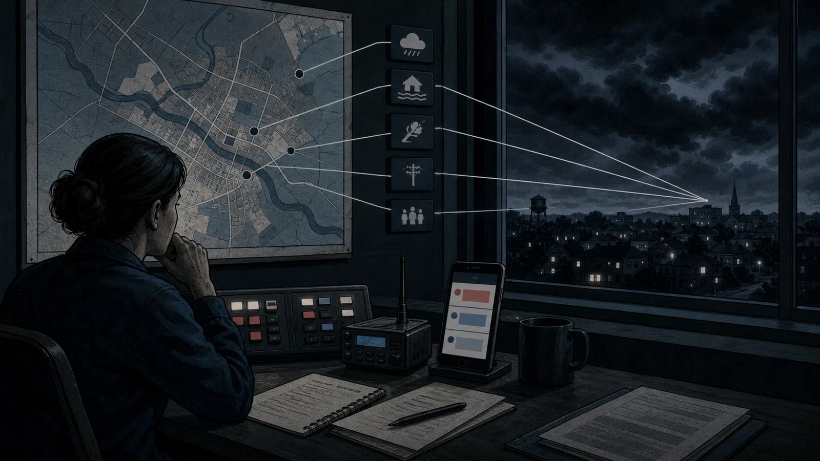 A quiet emergency operations room with a wall map, a siren control panel, and alert channels branching toward a town outside the window.