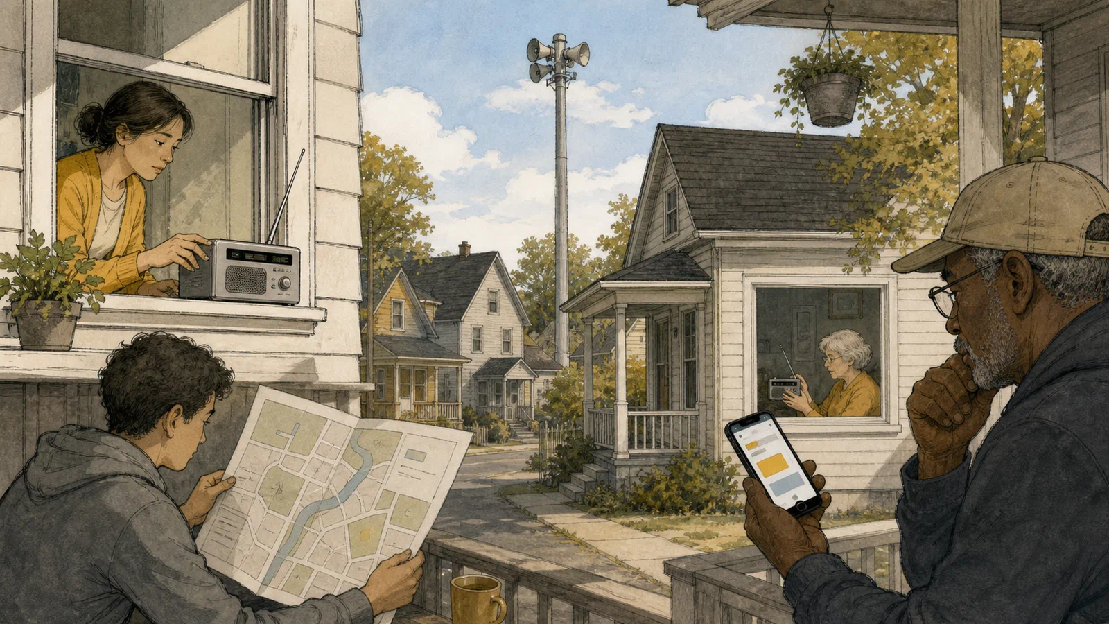 A neighborhood street after a siren test, with residents checking a radio, a phone, and a posted evacuation map under a clearing sky.